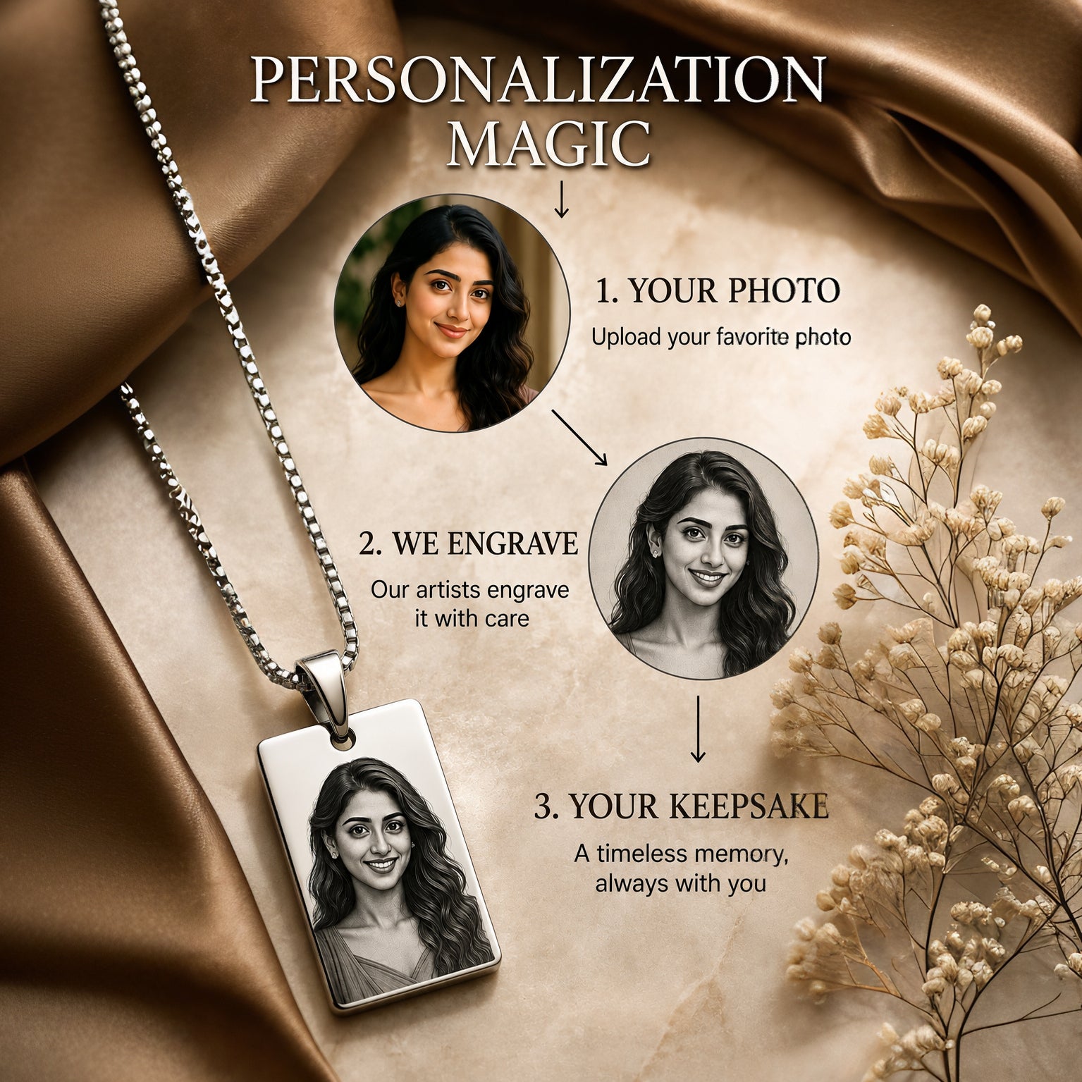 Noor- Personalized Photo Necklace | Romantic Gift for Girlfriend | Custom Engraved Stainless Steel Pendant