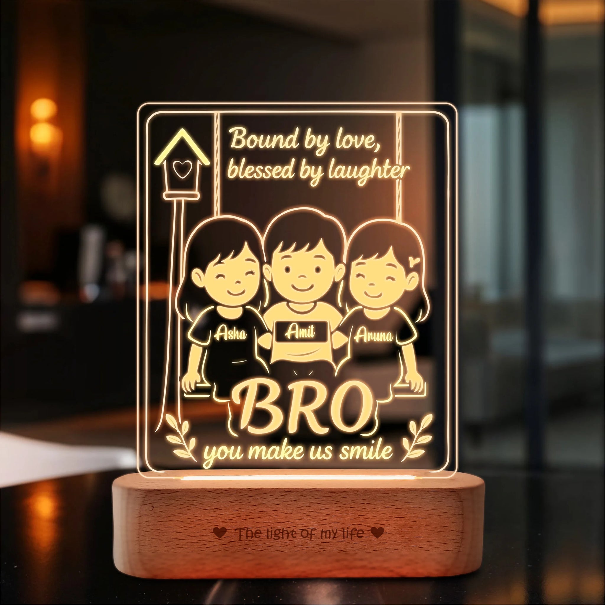 Our Brother – Personalized Rakhi Lamp for One Brother and Two Sisters | Custom Acrylic LED Gift with Names | Wooden Base | 8x6x2 inch