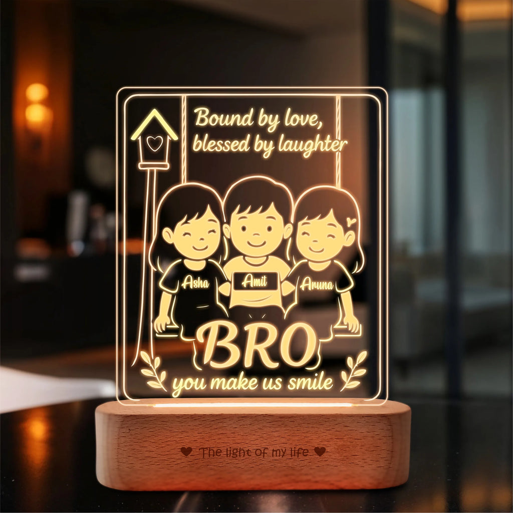 Our Brother – Personalized Rakhi Lamp for One Brother and Two Sisters | Custom Acrylic LED Gift with Names | Wooden Base | 8x6x2 inch