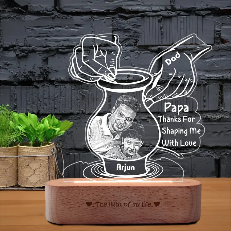 Creative Father’s Day Gift – Personalized Pottery-Themed Lamp with Dad & Kid Photo | Custom Name LED Light with Wooden Base