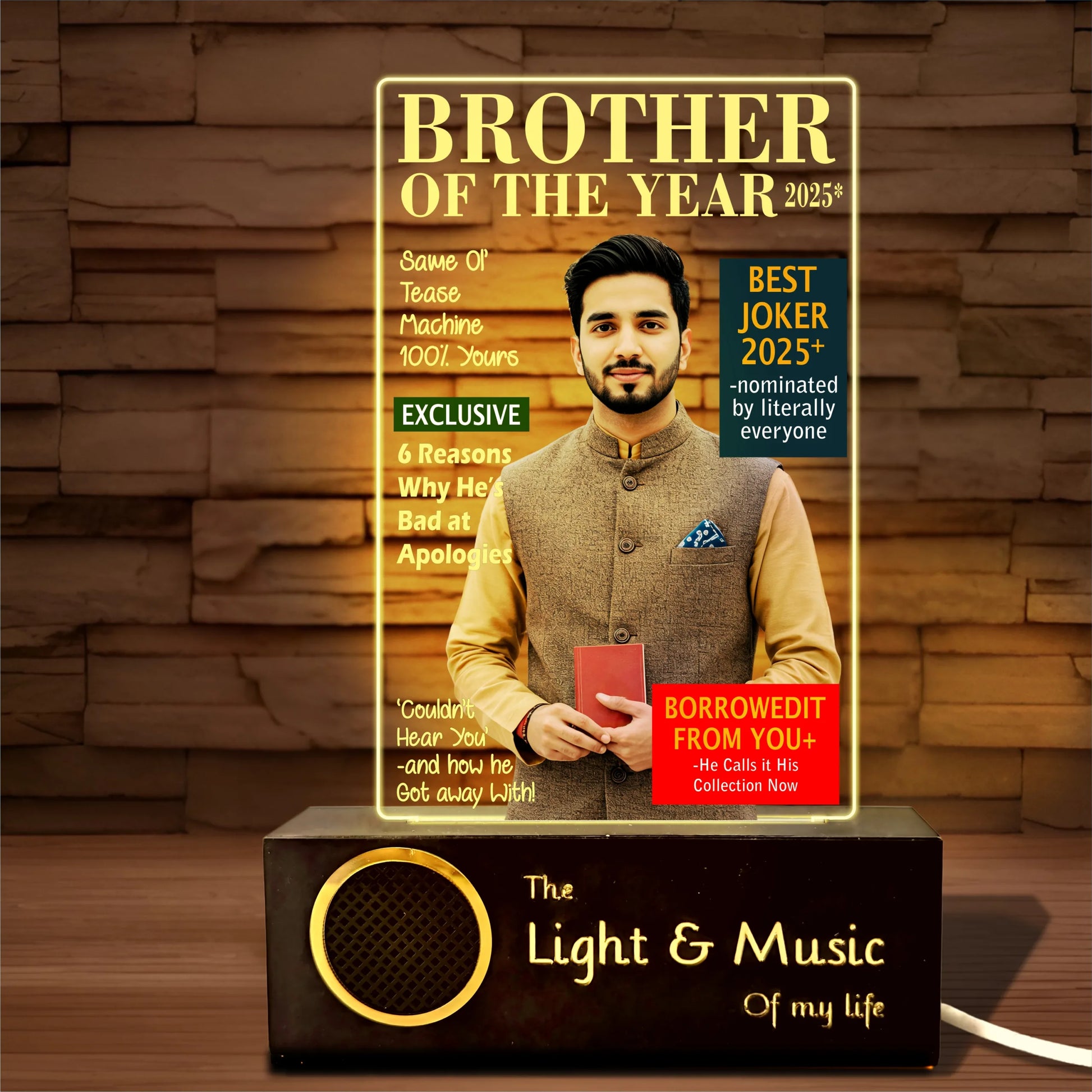 Brother of the Year 2025 – Funny LED Brother Photo Frame | Personalized Gift