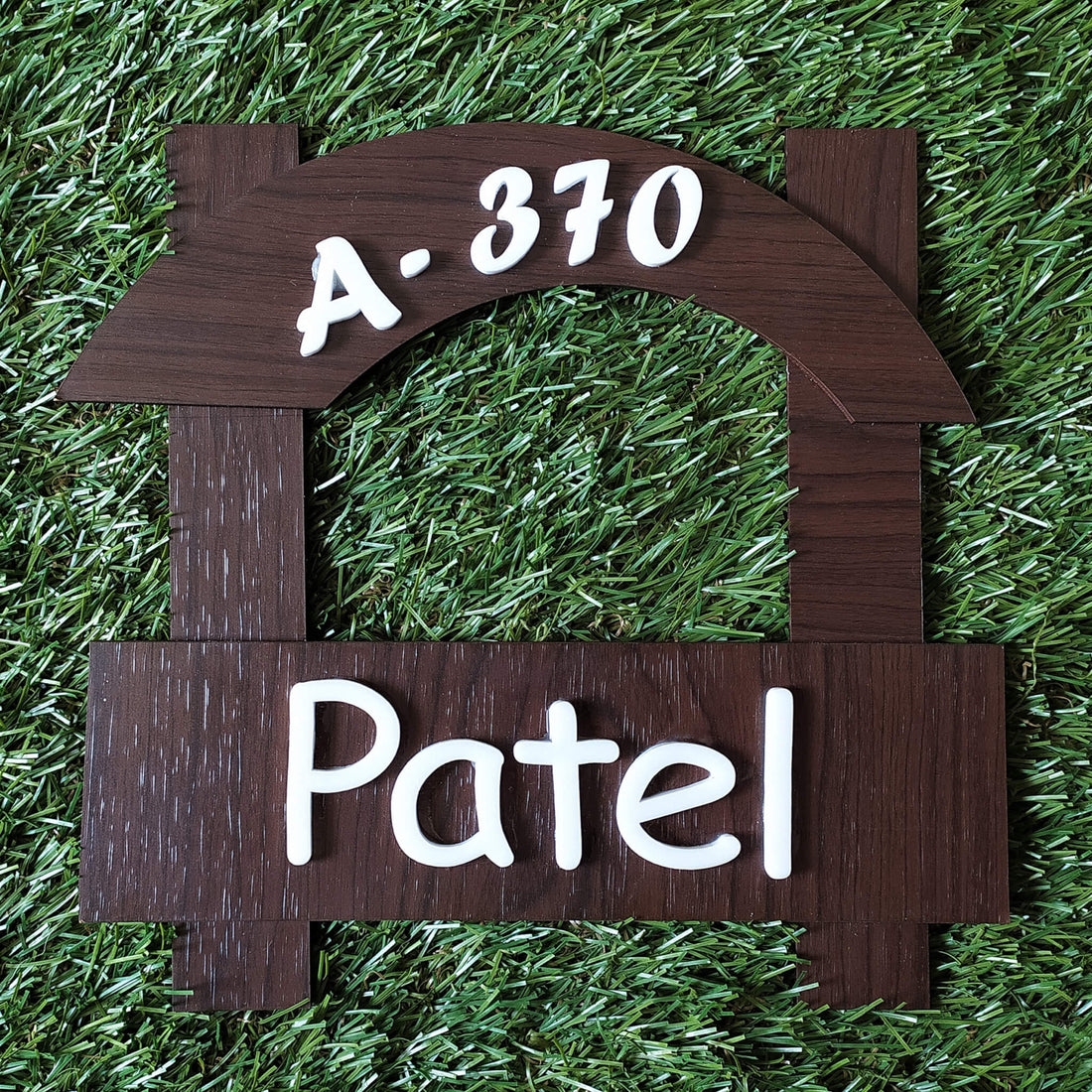 Smiling wooden name plate with acrylic fonts