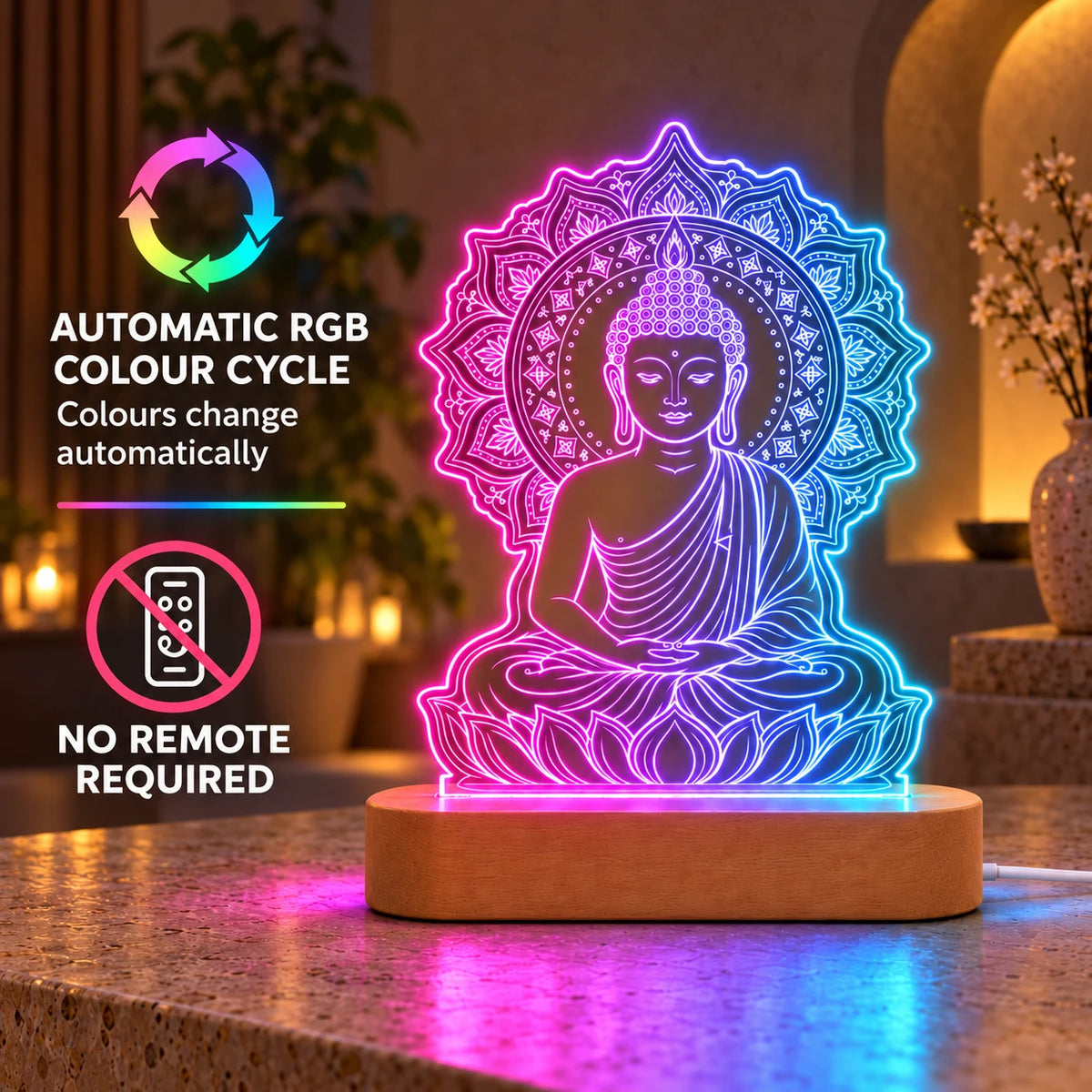 Gautam Buddha Statue LED Lamp – Mandala Buddha Showpiece for Home Decor
