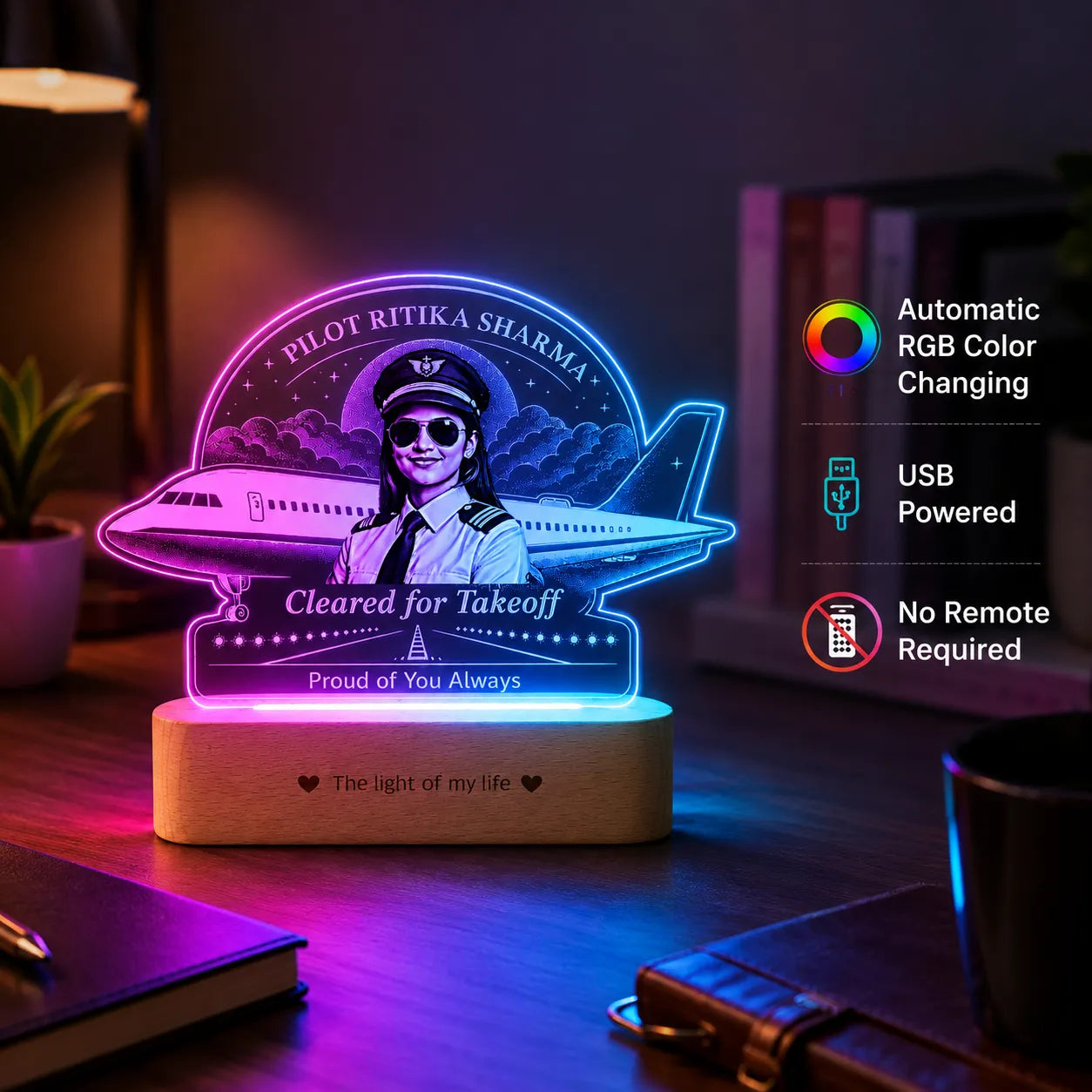 Personalized Pilot Gift Lamp, Custom LED Lamp for Pilot with Name, First Flight Gift, Pilot Graduation Gift, Aviation Gift for Airline Pilot, Achievement Gift