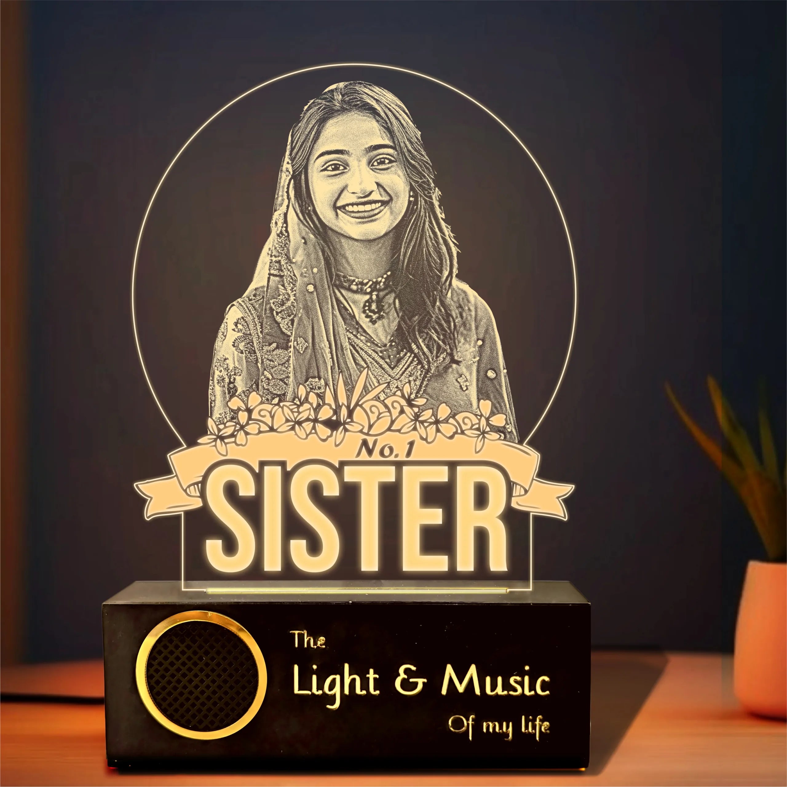 No.1 Sister – Photo Gift for Sister India | Personalized Engraved Acrylic Lamp with Wooden Base (9x6"")