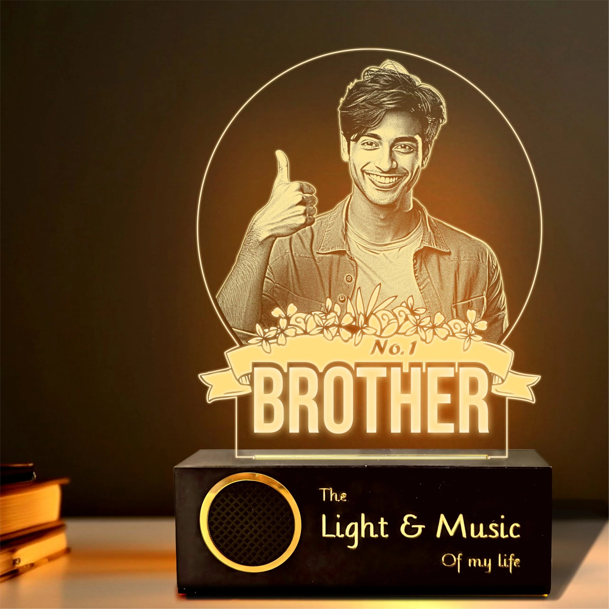 No.1 Brother – Photo Gift for Brother India | Custom Engraved Acrylic Lamp with Wooden Base (9x6")
