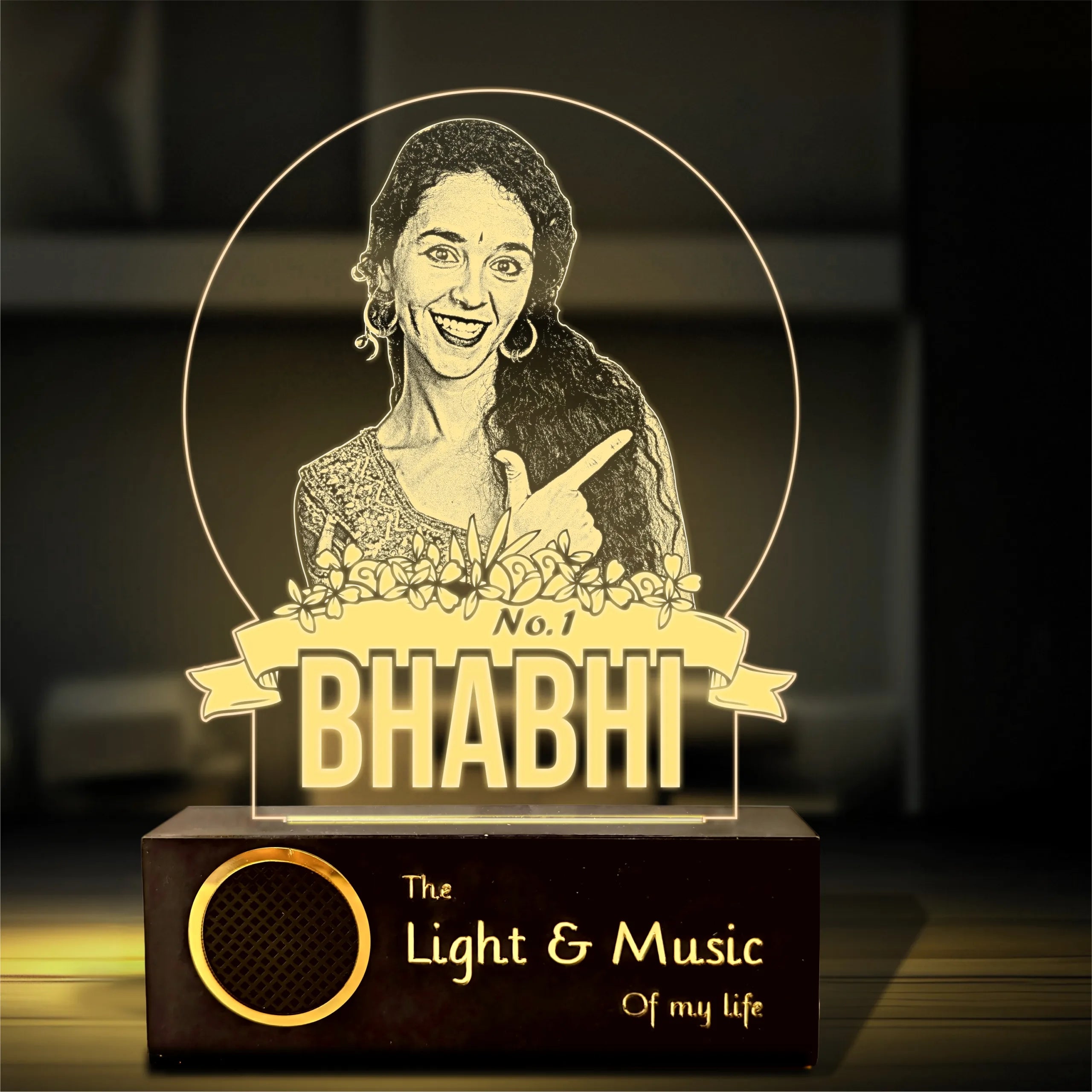 No.1 Bhabhi – Personalized Gift for Bhabhi India | Custom Photo Engraved Acrylic Lamp with Wooden Base (9x6")