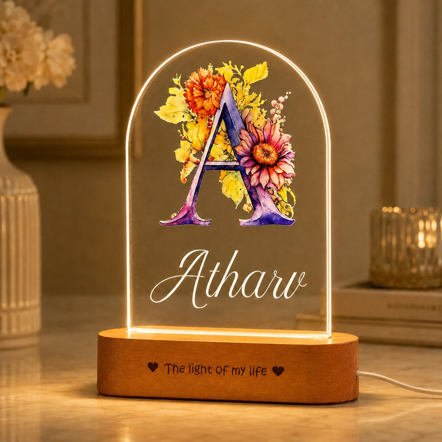 Birthday Gift for Son – Personalised Name LED Lamp with Wooden Base
