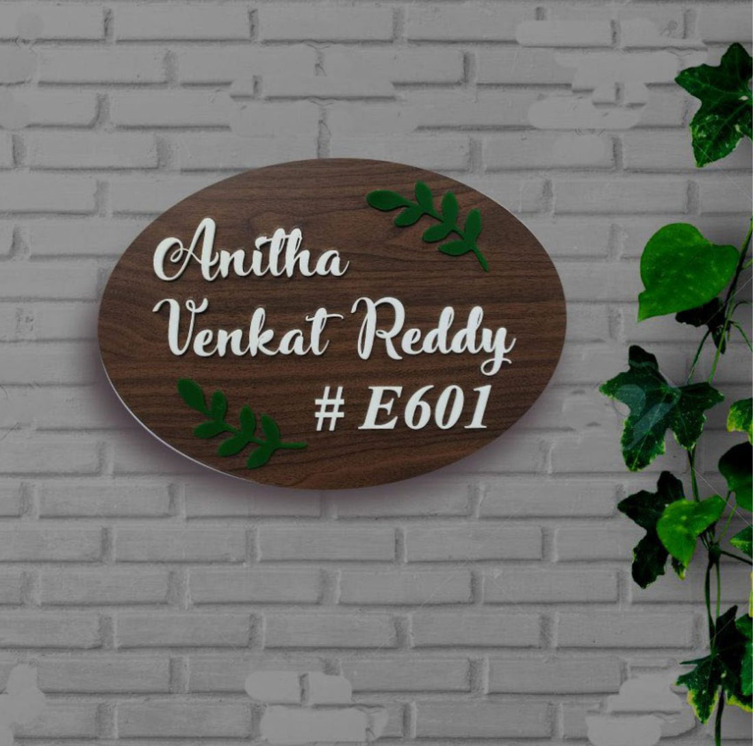 Oval leaves wooden name plate