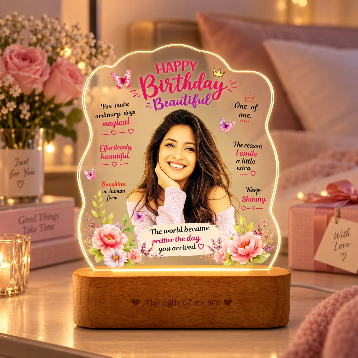 Birthday Gift for Girlfriend – Personalised Photo LED Lamp with Wooden Base