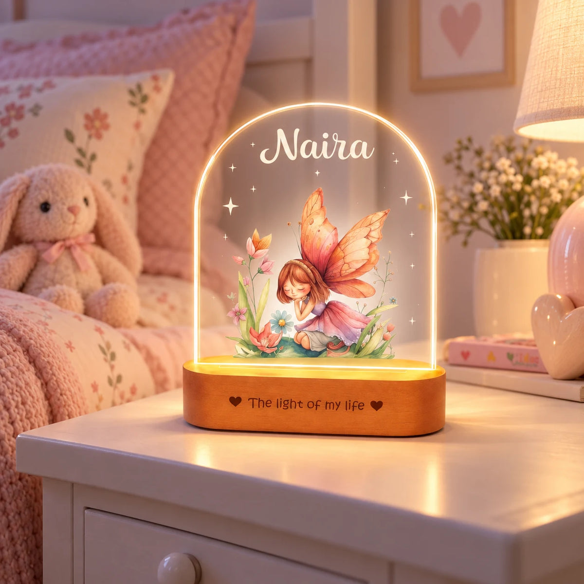 Personalized Name Night Lamp for Daughter | Custom Fairy LED Lamp | Birthday Gift for Daughter | Baby Girl Room Decor | 8x6x2 Inch Acrylic Lamp with Wooden Base