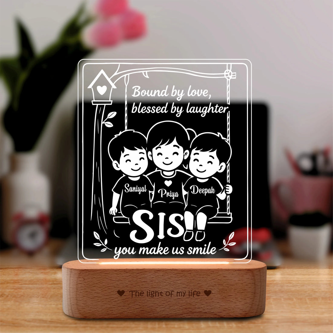 Our Sister – Personalized Rakhi Gift Lamp from Two Brothers | Custom Acrylic LED Lamp with Names | Wooden Base | 8x6x2 inch
