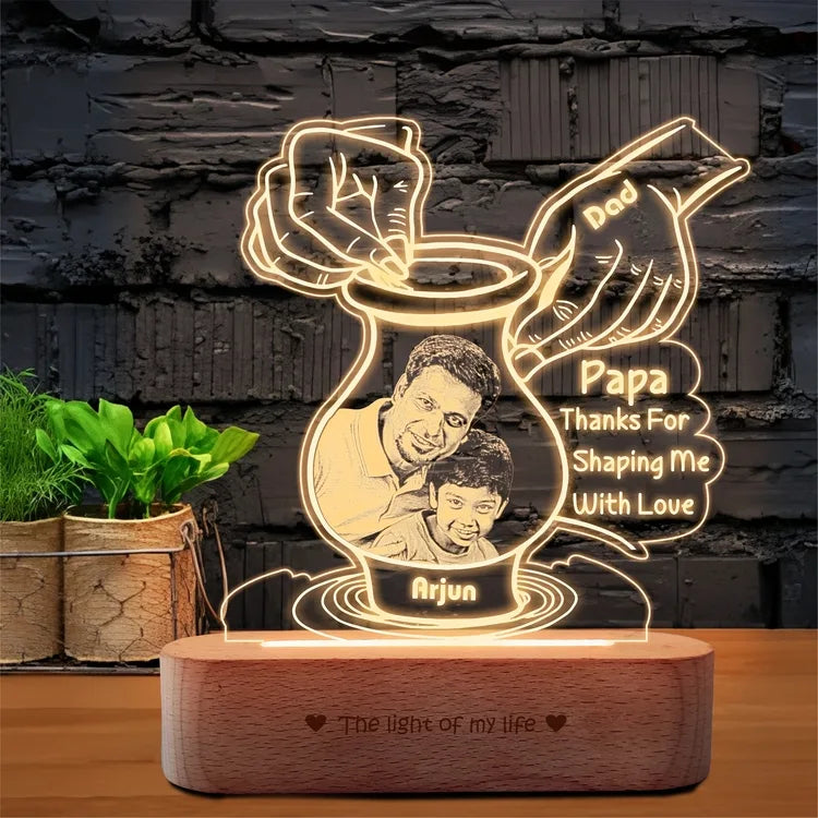 Creative Father’s Day Gift – Personalized Pottery-Themed Lamp with Dad & Kid Photo | Custom Name LED Light with Wooden Base