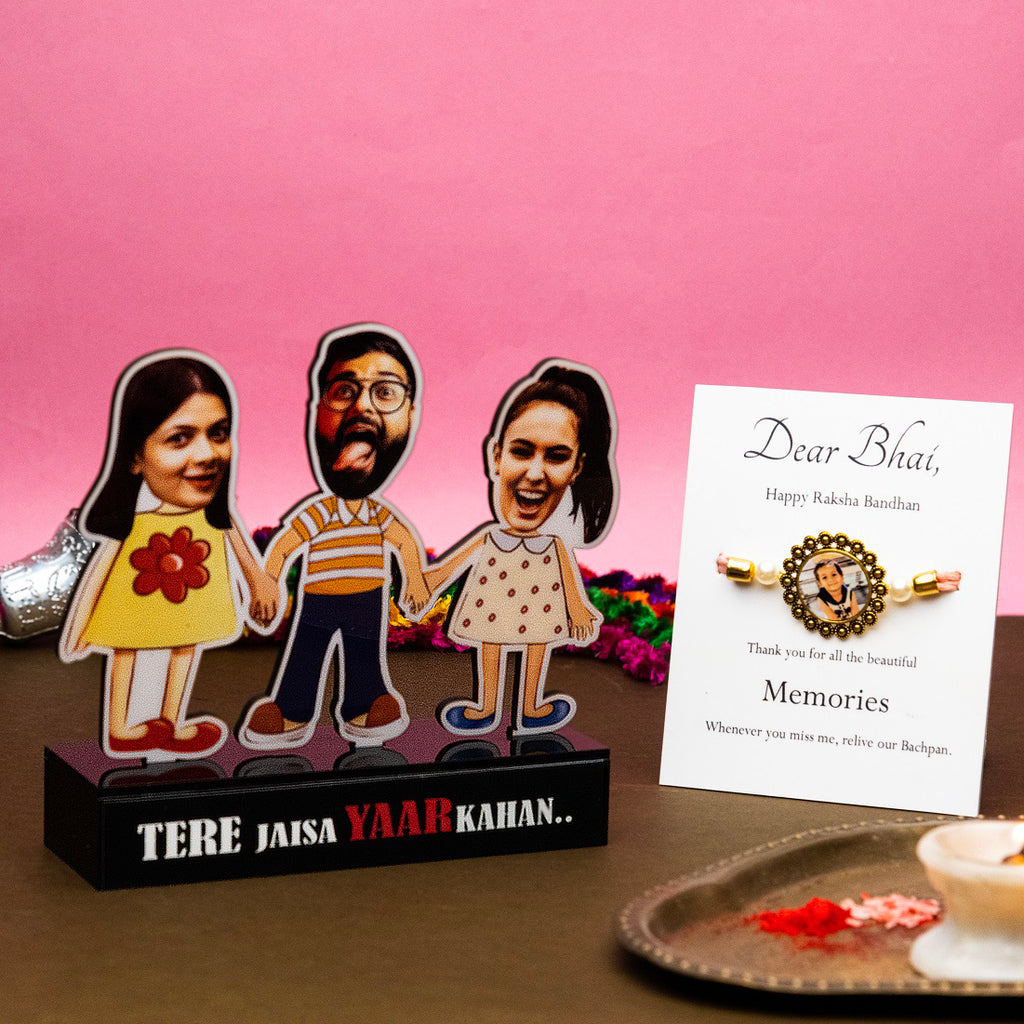 Siblings caricature - Personalized gift for rakhi - caricature + photo rakhi + chocolates