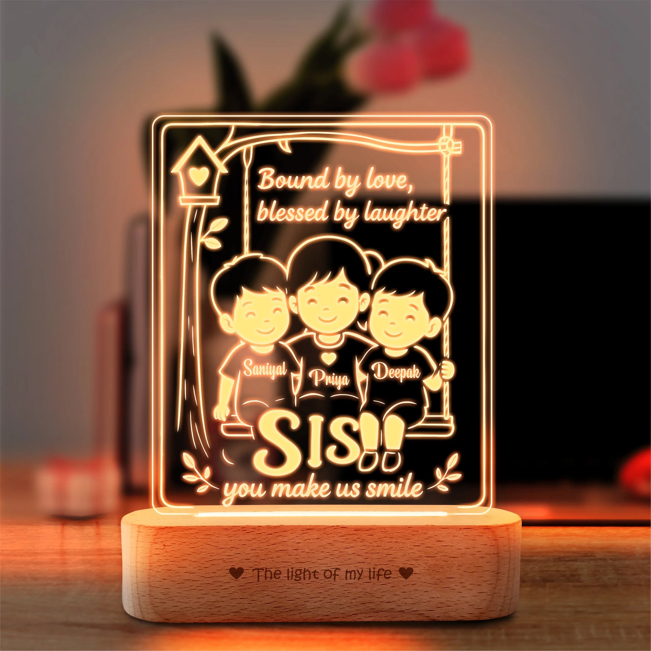 Our Sister – Personalized Rakhi Gift Lamp from Two Brothers | Custom Acrylic LED Lamp with Names | Wooden Base | 8x6x2 inch