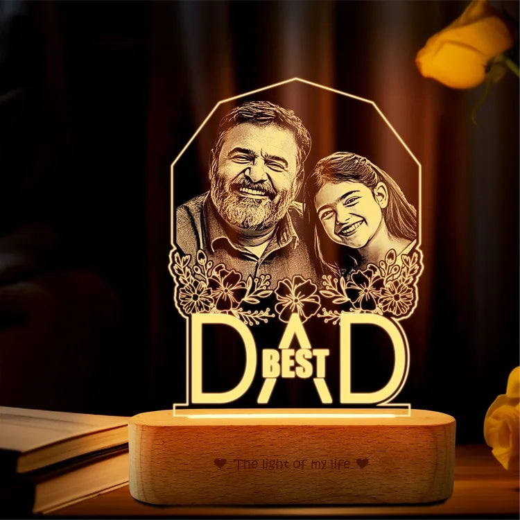 Best Father’s Day Gift – Custom Engraved Acrylic Lamp with Photo & "Best Dad" Quote | Warm Wooden Base