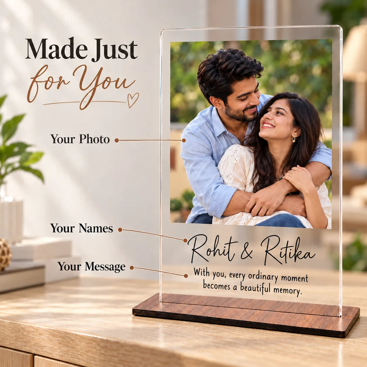 ZOCI VOCI Personalized Couple Photo Frame 8x6 Inch |3mm Acrylic Photo Frame with Wooden Look Stand | Romantic Gifts for Husband Wife, Boyfriend Girlfriend, Anniversary & Birthday