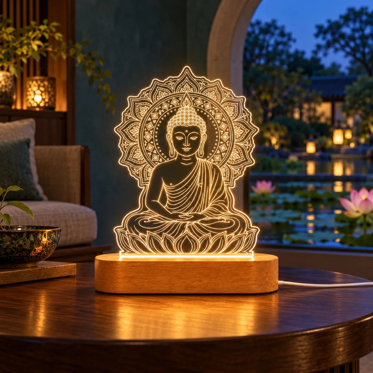 Gautam Buddha Statue LED Lamp – Mandala Buddha Showpiece for Home Decor