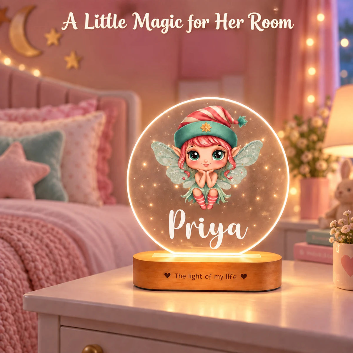 Personalized Name Night Lamp for Kids Girl | Cute Cartoon LED Lamp | Birthday Gift for Girls | Baby Room Decor | 8x6x2 Inch Acrylic Lamp with Wooden Base