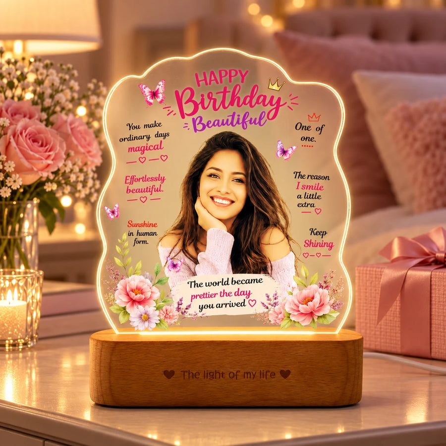 Birthday Gift for Girlfriend – Personalised Photo LED Lamp with Wooden Base