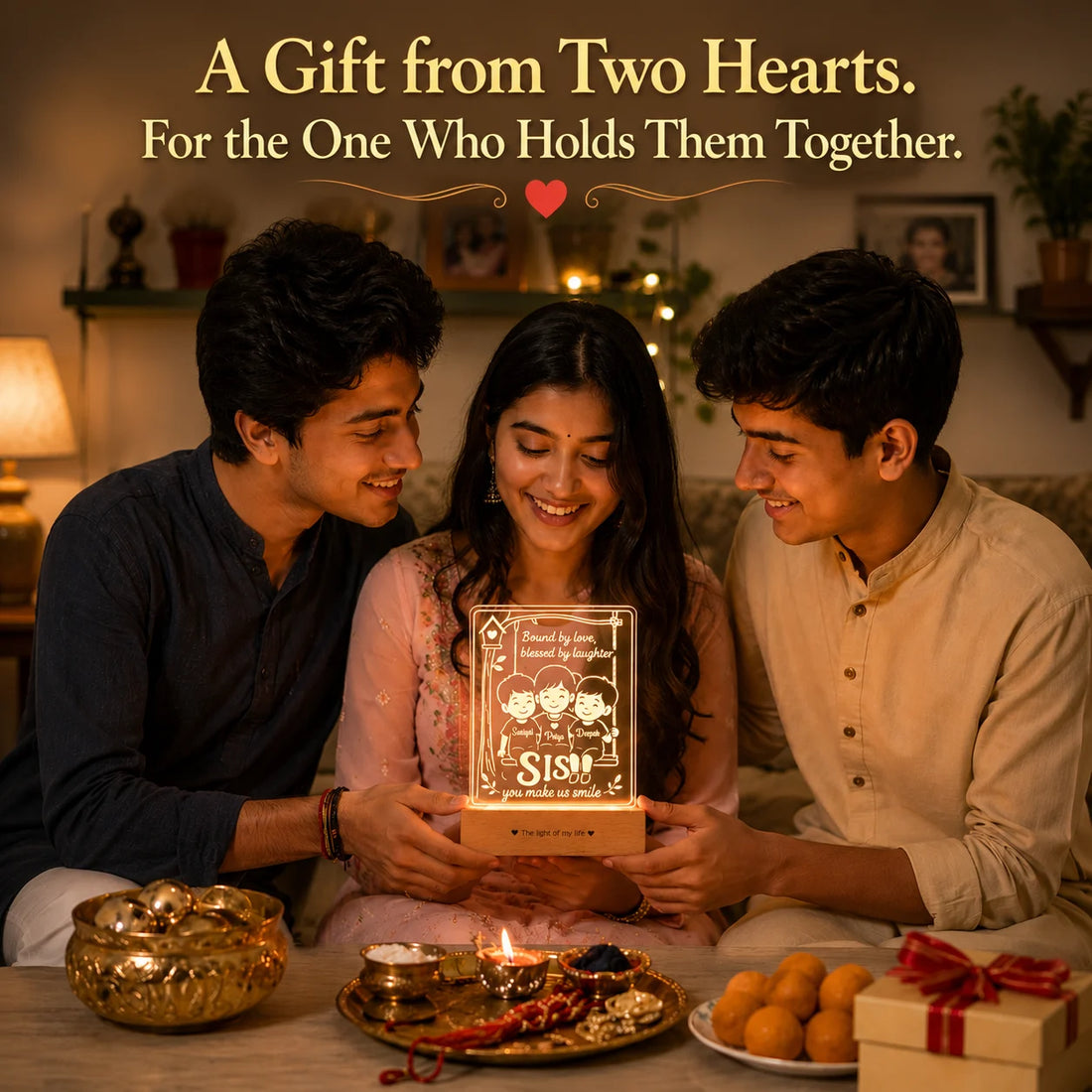 Our Sister – Personalized Rakhi Gift Lamp from Two Brothers | Custom Acrylic LED Lamp with Names | Wooden Base | 8x6x2 inch