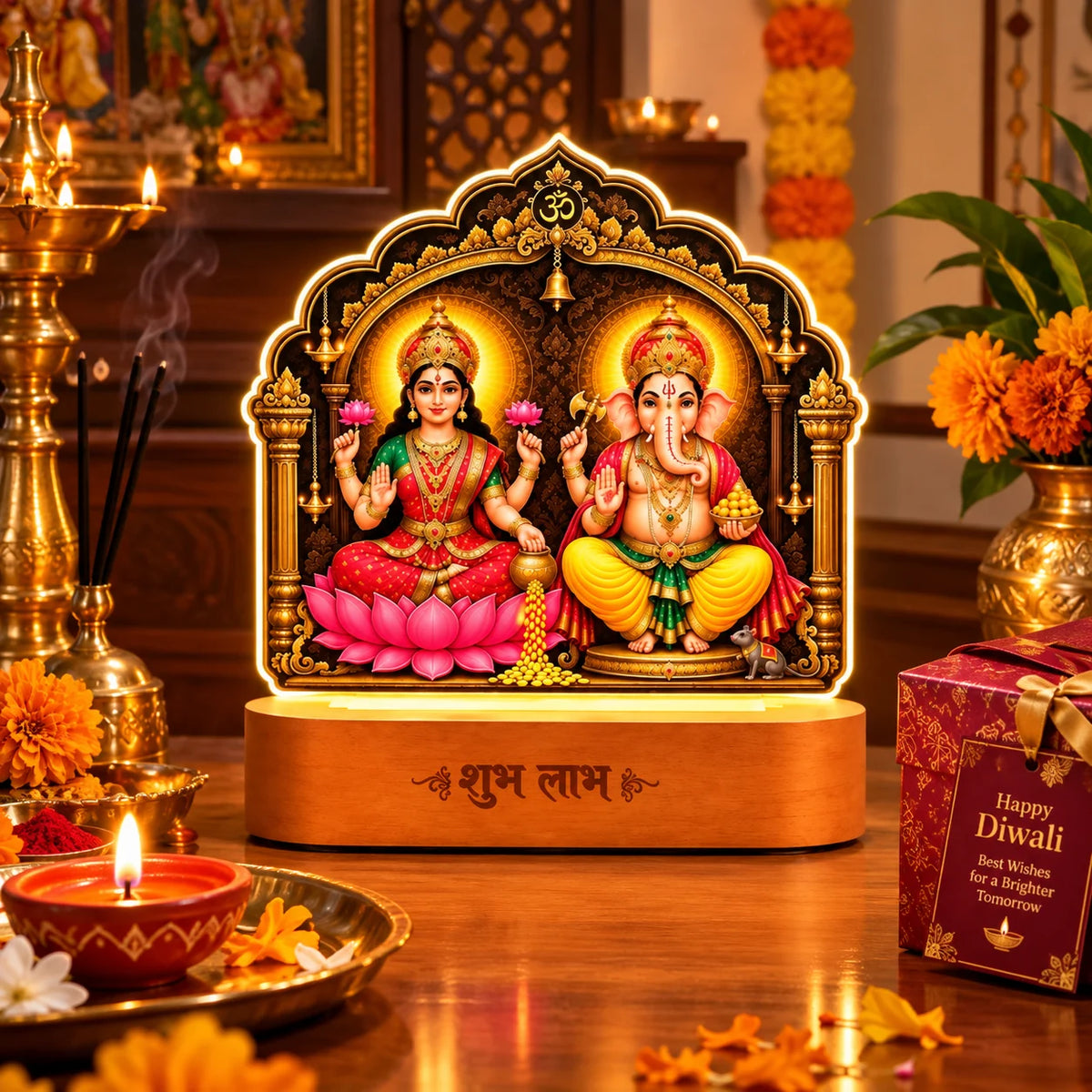 Diwali Gift Lakshmi Ganesh LED Lamp | 5 mm Acrylic Pooja Room Frame with Wooden Base