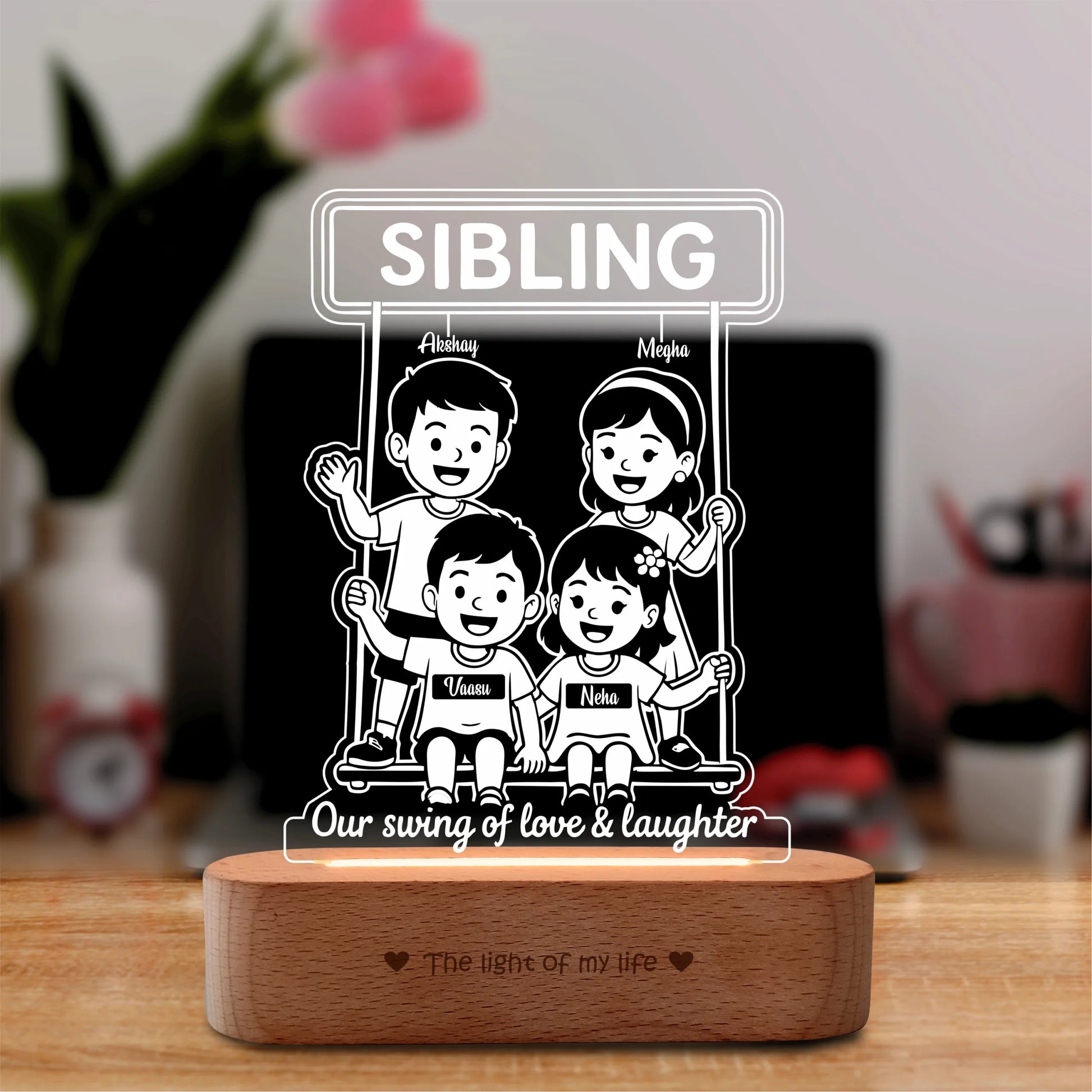 Our Swing of Love – Personalized Sibling Swing Lamp | Custom Acrylic LED Gift for 4 Siblings | Wooden Base | 8x6x2 inch