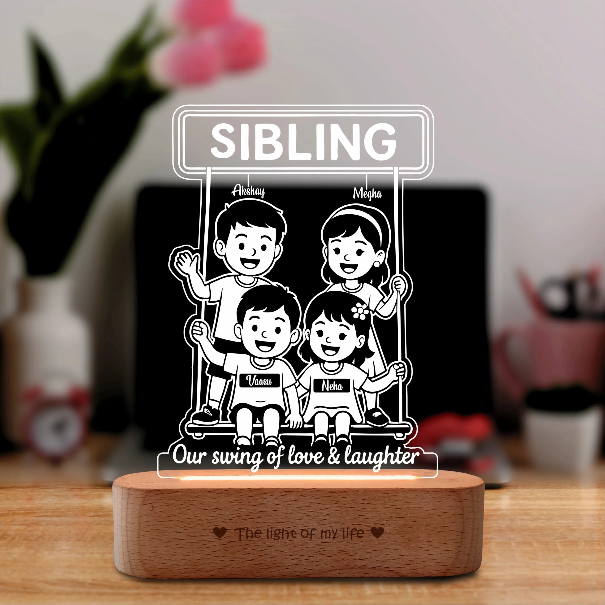Our Swing of Love – Personalized Sibling Swing Lamp | Custom Acrylic LED Gift for 4 Siblings | Wooden Base | 8x6x2 inch