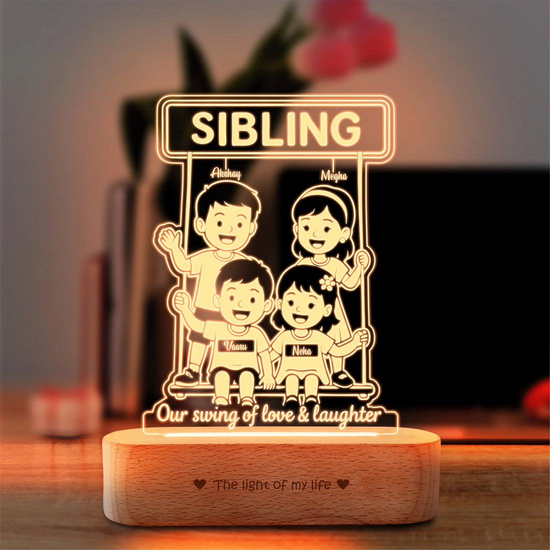 Our Swing of Love – Personalized Sibling Swing Lamp | Custom Acrylic LED Gift for 4 Siblings | Wooden Base | 8x6x2 inch