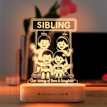 Our Swing of Love – Personalized Sibling Swing Lamp | Custom Acrylic LED Gift for 4 Siblings | Wooden Base | 8x6x2 inch