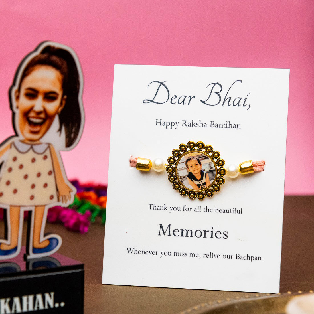 Siblings caricature - Personalized gift for rakhi - caricature + photo rakhi + chocolates