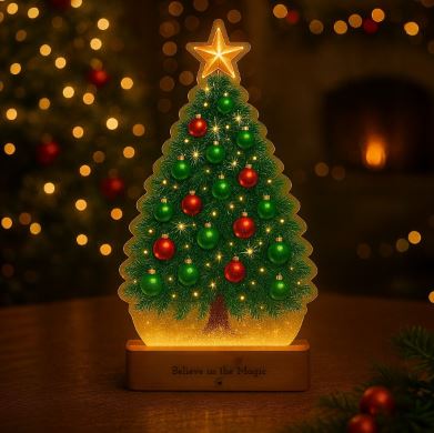 Christmas Tree Lamp – Christmas Decor & Gift | Warm LED Glow | Believe in the Magic Engraved Wooden Base