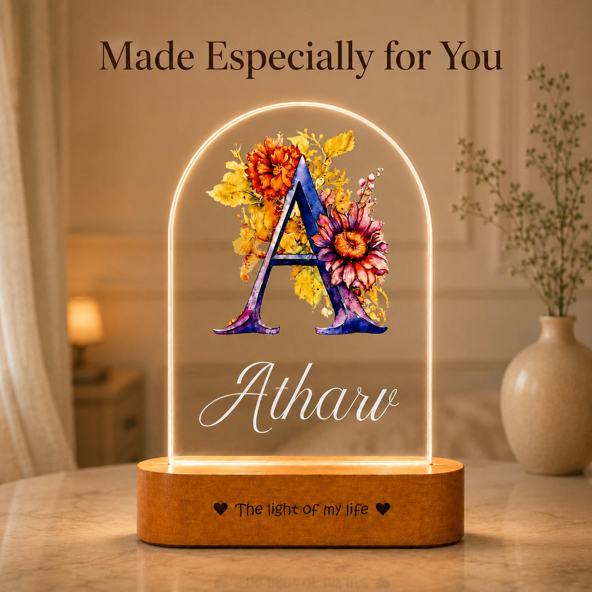 Birthday Gift for Son – Personalised Name LED Lamp with Wooden Base