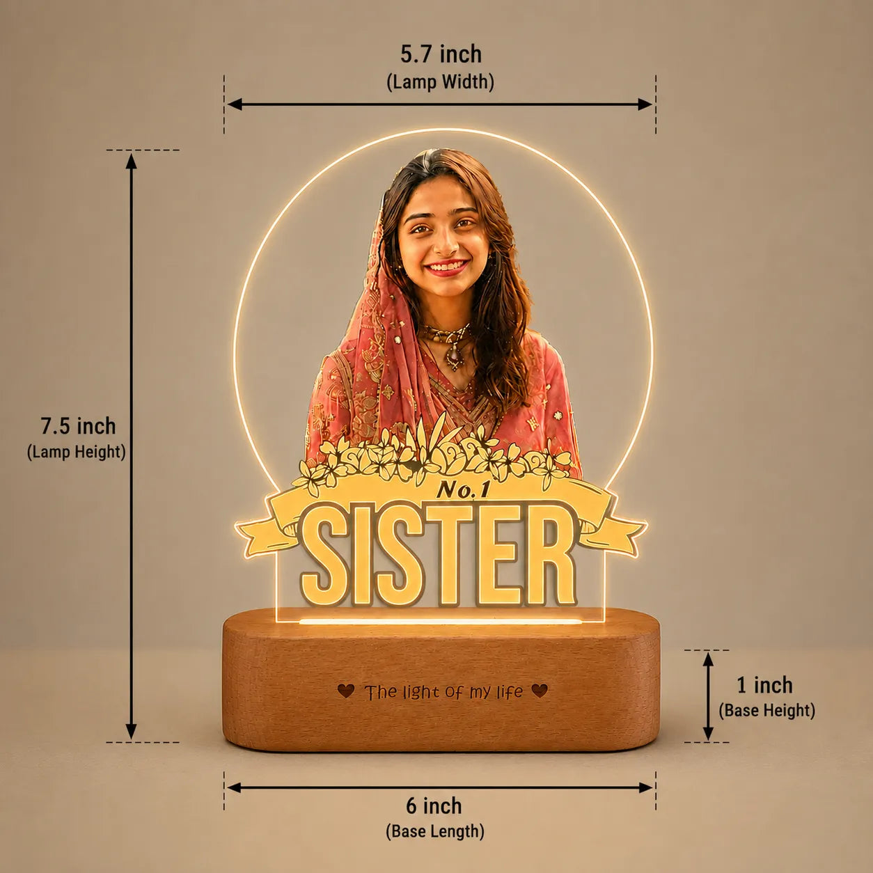 No.1 Sister – Photo Gift for Sister India | Personalized Engraved Acrylic Lamp with Wooden Base (9x6"")
