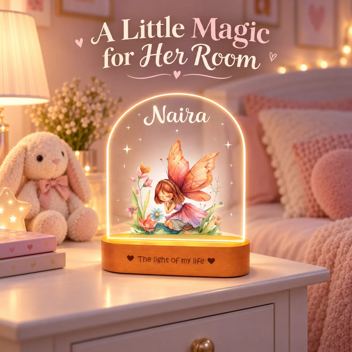 Personalized Name Night Lamp for Daughter | Custom Fairy LED Lamp | Birthday Gift for Daughter | Baby Girl Room Decor | 8x6x2 Inch Acrylic Lamp with Wooden Base