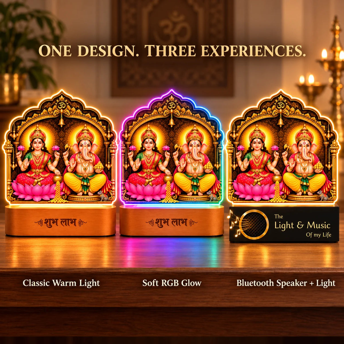Diwali Gift Lakshmi Ganesh LED Lamp | 5 mm Acrylic Pooja Room Frame with Wooden Base