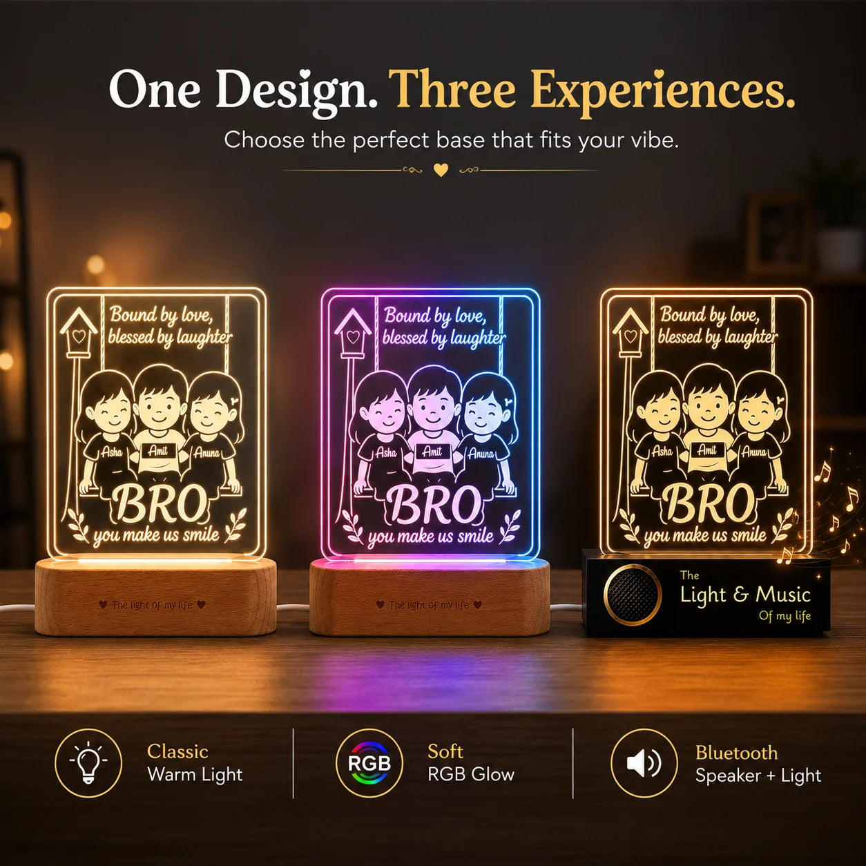 Our Brother – Personalized Rakhi Lamp for One Brother and Two Sisters | Custom Acrylic LED Gift with Names | Wooden Base | 8x6x2 inch