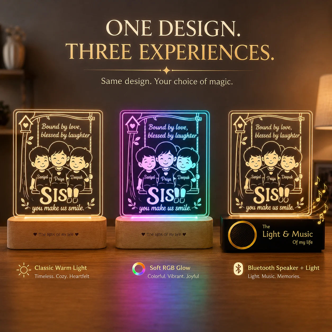 Our Sister – Personalized Rakhi Gift Lamp from Two Brothers | Custom Acrylic LED Lamp with Names | Wooden Base | 8x6x2 inch