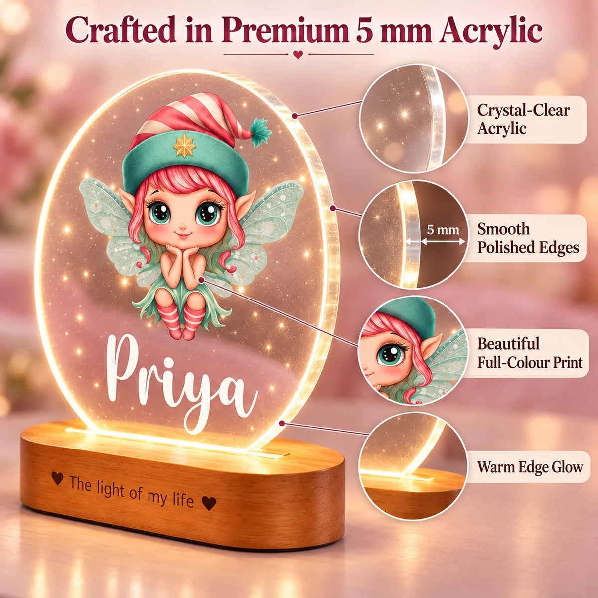 Personalized Name Night Lamp for Kids Girl | Cute Cartoon LED Lamp | Birthday Gift for Girls | Baby Room Decor | 8x6x2 Inch Acrylic Lamp with Wooden Base