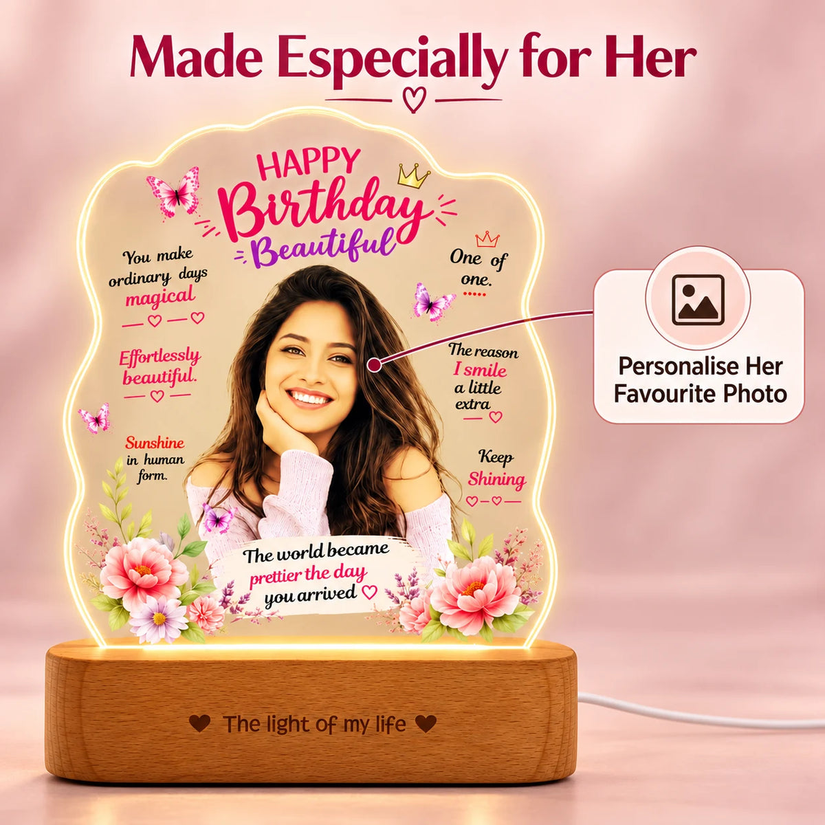 Birthday Gift for Girlfriend – Personalised Photo LED Lamp with Wooden Base