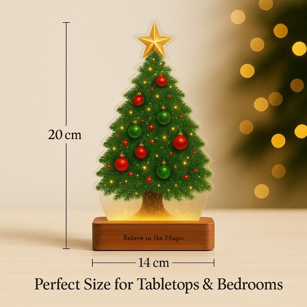 Christmas Tree Lamp – Christmas Decor & Gift | Warm LED Glow | Believe in the Magic Engraved Wooden Base