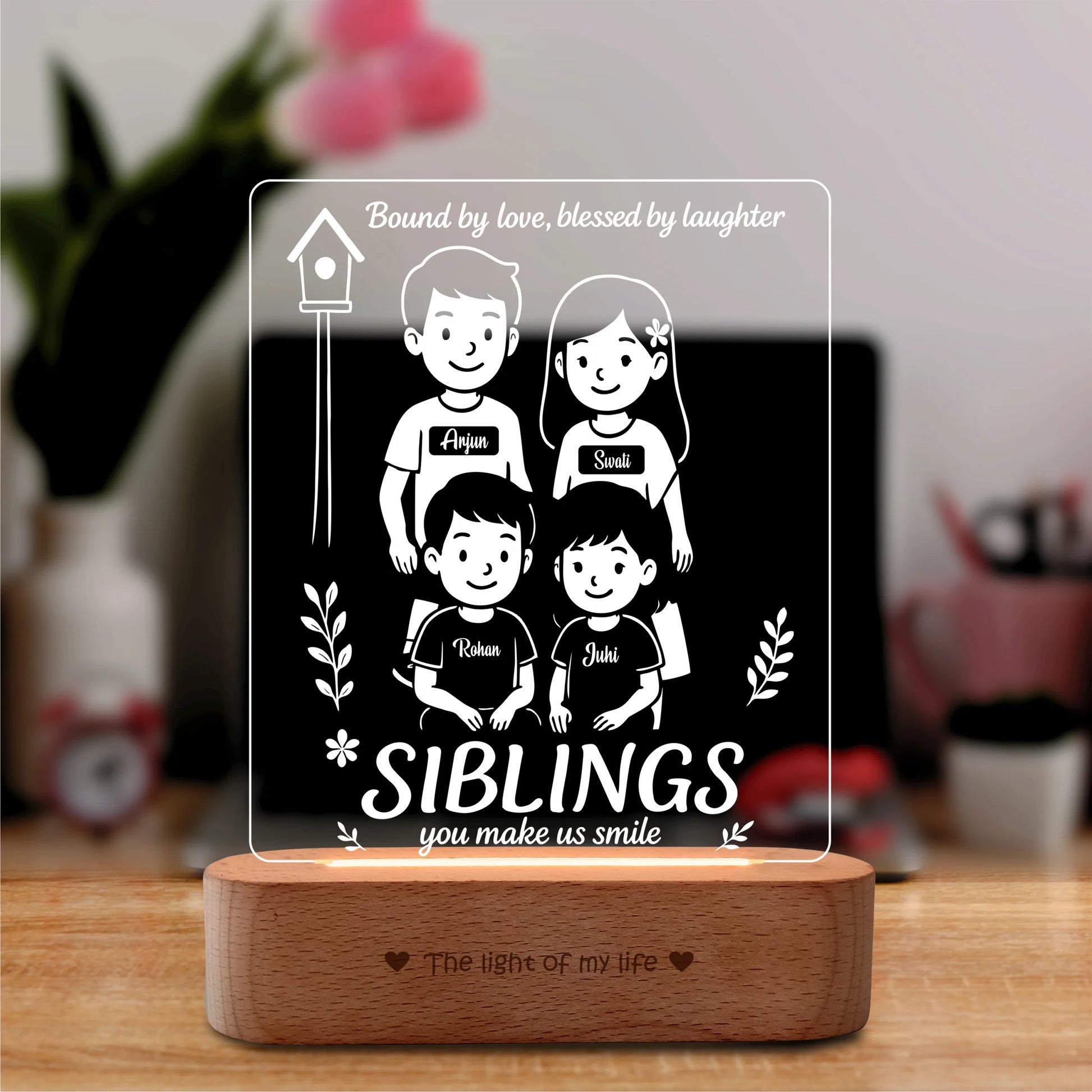 The Fantastic Four – Personalized LED Lamp for 4 Siblings | Custom Acrylic Rakhi Gift with Names | Wooden Base | 8x6x2 inch