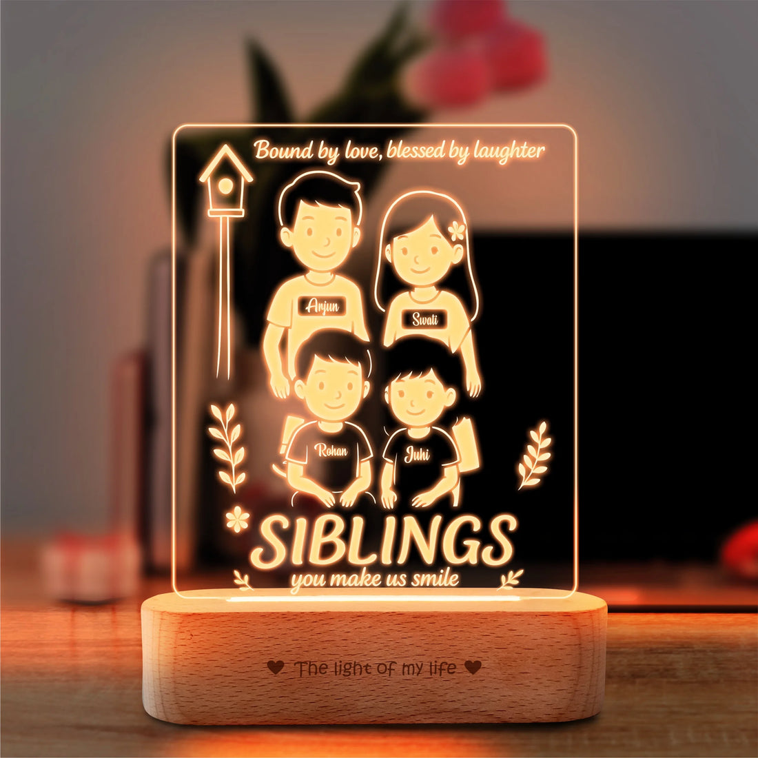The Fantastic Four – Personalized LED Lamp for 4 Siblings | Custom Acrylic Rakhi Gift with Names | Wooden Base | 8x6x2 inch