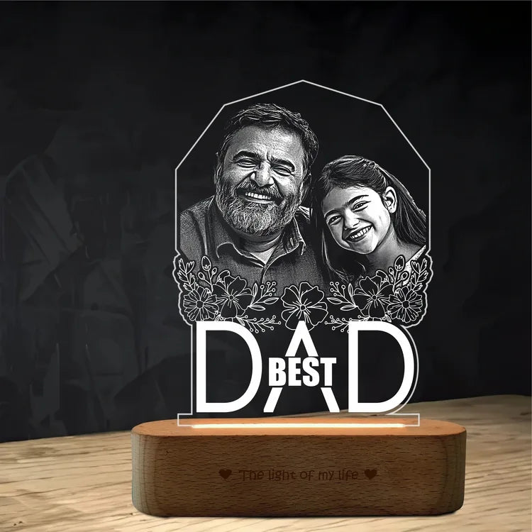 Best Father’s Day Gift – Custom Engraved Acrylic Lamp with Photo & "Best Dad" Quote | Warm Wooden Base