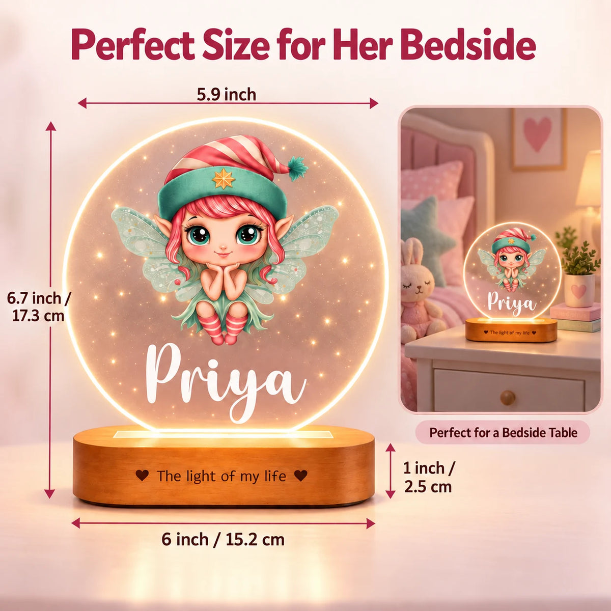 Personalized Name Night Lamp for Kids Girl | Cute Cartoon LED Lamp | Birthday Gift for Girls | Baby Room Decor | 8x6x2 Inch Acrylic Lamp with Wooden Base