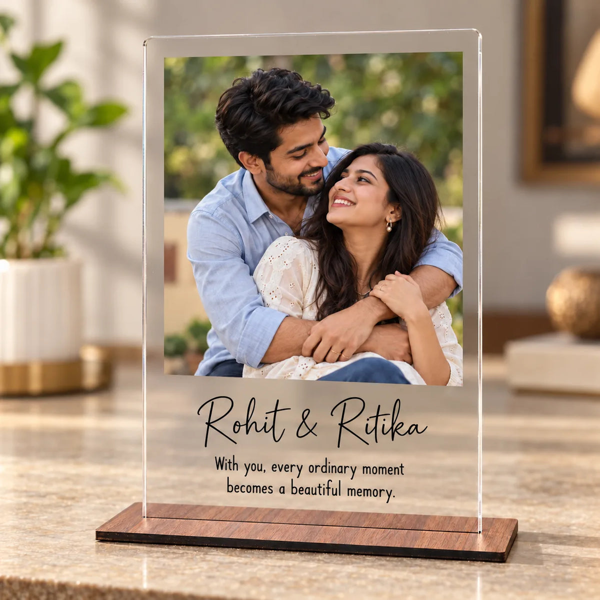 ZOCI VOCI Personalized Couple Photo Frame 8x6 Inch |3mm Acrylic Photo Frame with Wooden Look Stand | Romantic Gifts for Husband Wife, Boyfriend Girlfriend, Anniversary & Birthday