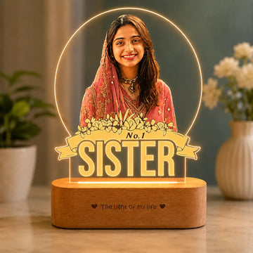 No.1 Sister – Photo Gift for Sister India | Personalized Engraved Acrylic Lamp with Wooden Base (9x6"")