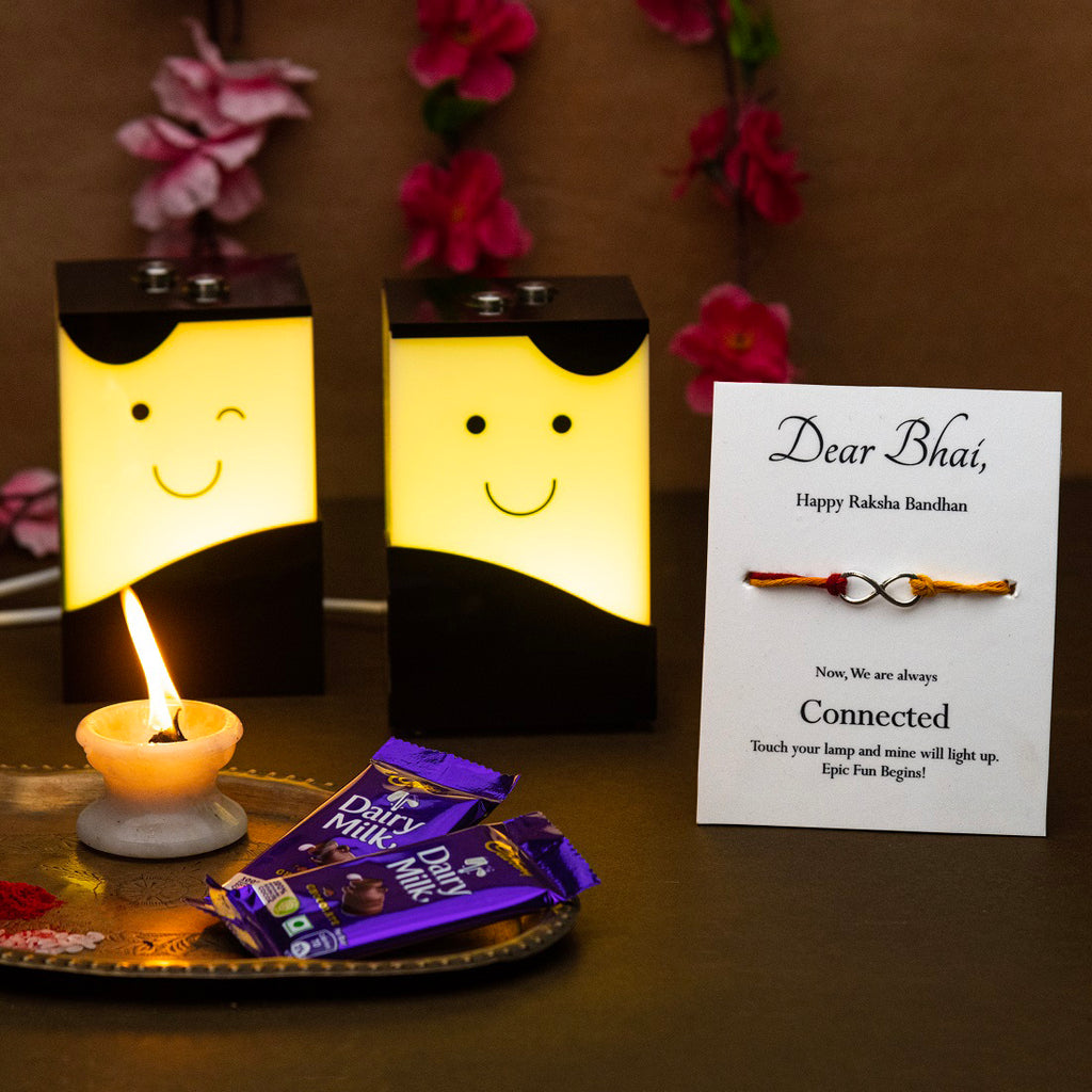 Telepathy Lamps - Stay Connected Rakhi Gift - 2 lamps + rakhi + chocolates