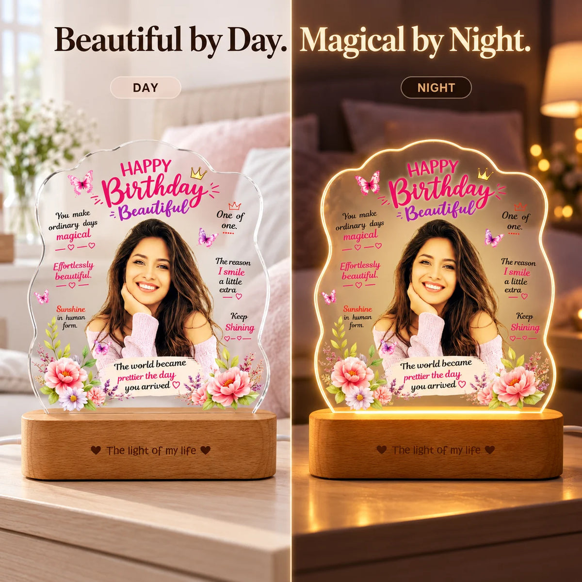 Birthday Gift for Girlfriend – Personalised Photo LED Lamp with Wooden Base