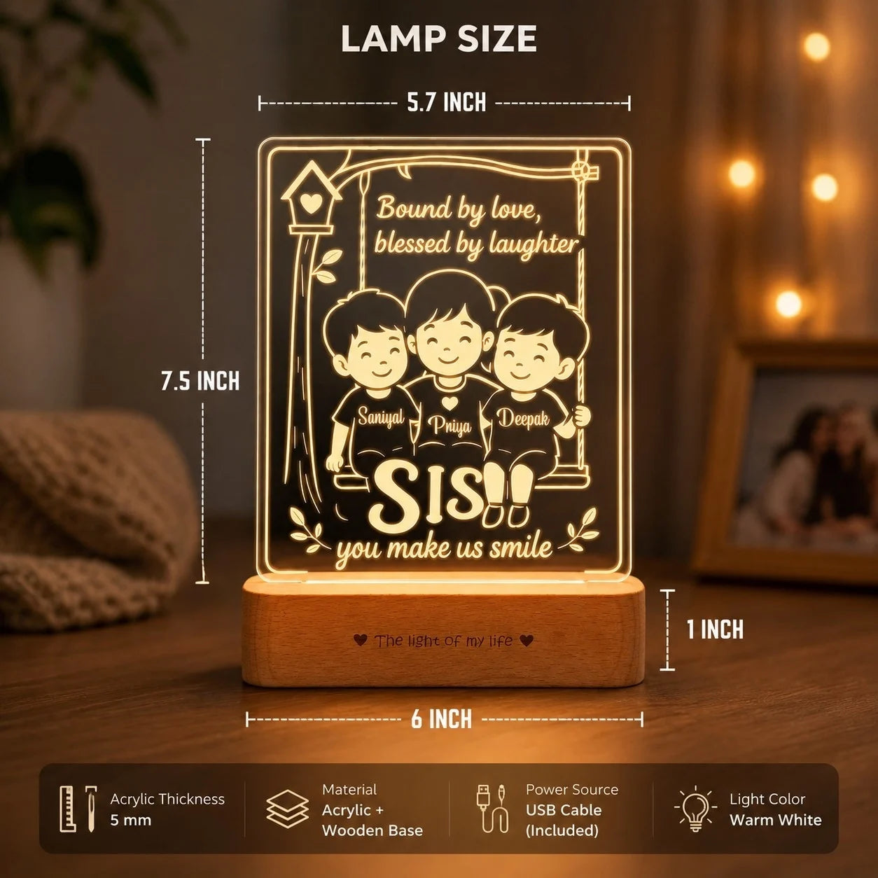 Our Sister – Personalized Rakhi Gift Lamp from Two Brothers | Custom Acrylic LED Lamp with Names | Wooden Base | 8x6x2 inch